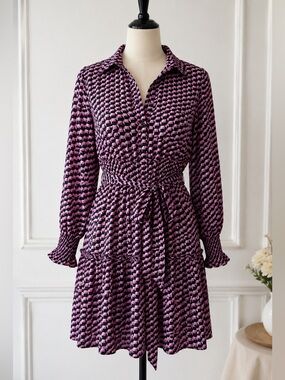 MADAME Geometric Print Mini Dress Pink Black Tie Waist Long Sleeve Size Large